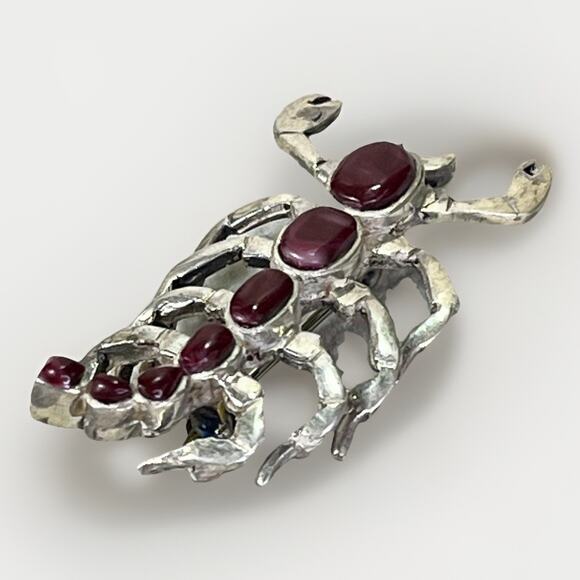 Vintage Native American Sterling Silver Red Coral Scorpion Pin Brooch Signed - Picture 2 of 13